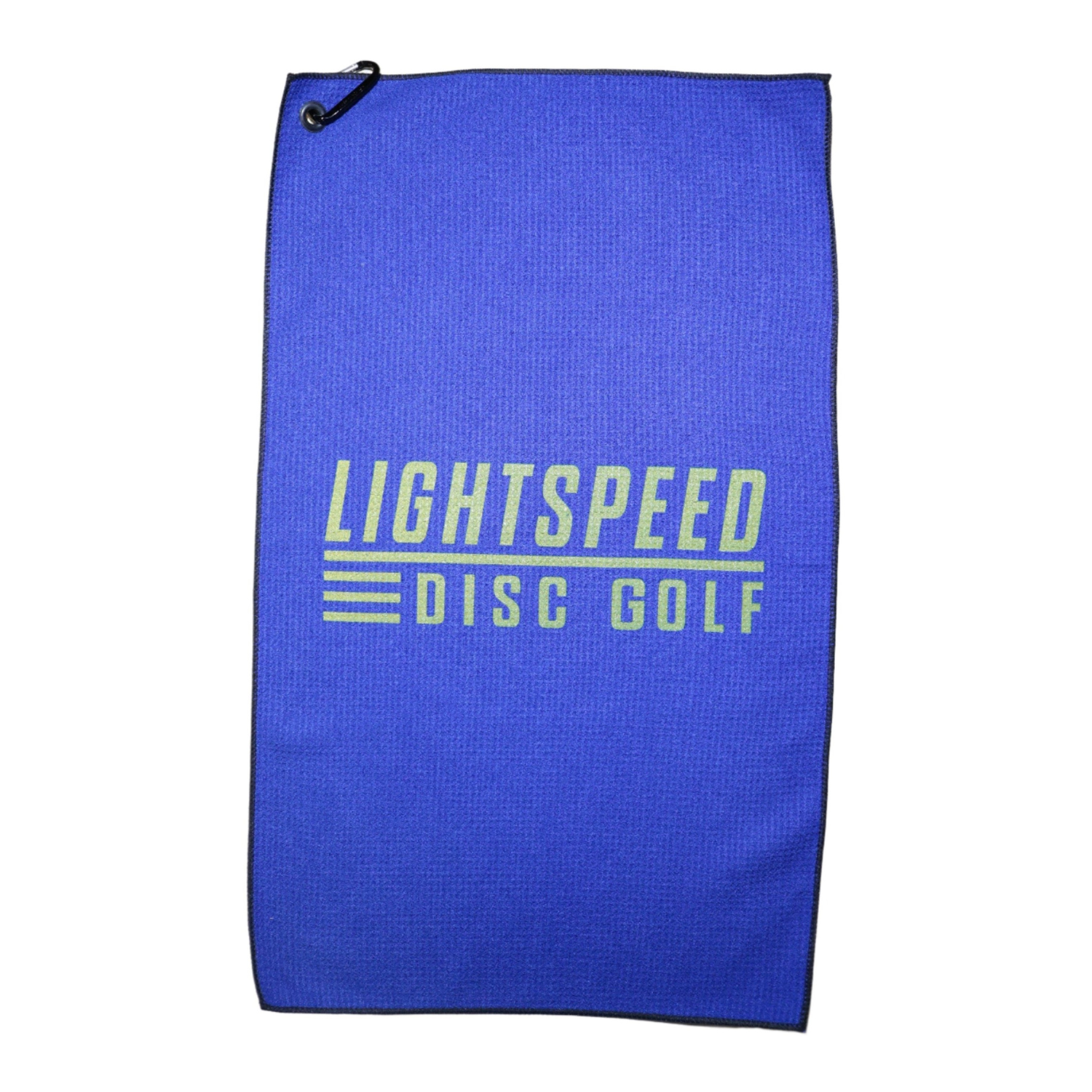 Blue Lightspeed Disc Golf towel with gold lettering for drying discs and improving grip.