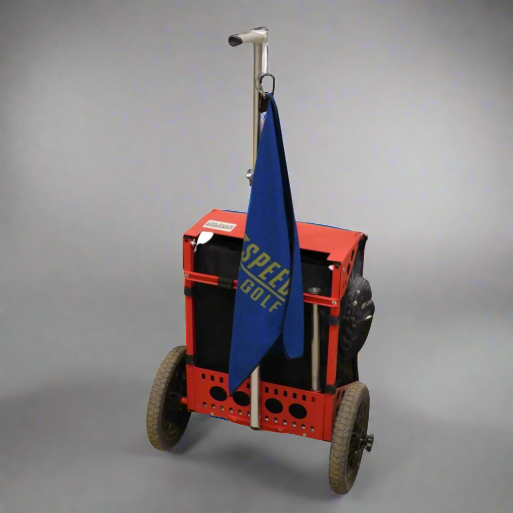 Blue Lightspeed Disc Golf towel with gold logo hanging on a rack, ideal disc golf accessory for keeping discs dry and clean.