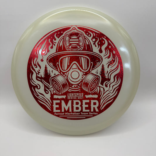 Lightspeed Ember Forrest Hierholzer Team Series putter with red foil firefighter-inspired stamp on glow plastic.